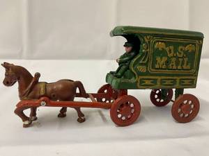 lot 110 image: Vintage Cast Iron U.S. Mail Horse Drawn Wagon