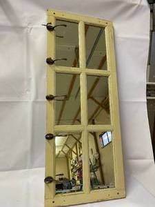 lot 121 image: Vintage Window Themed Wall Mount Mirror with Coat Hooks