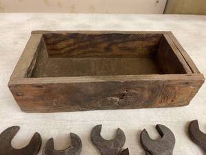 lot 142 image: Assorted Vintage Wrenches with Wooden Box
