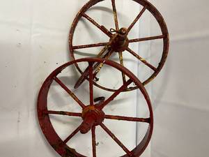 lot 200 image: Two Vintage Metal Sixteen Inch Wagon Wheels