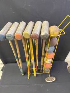 lot 249 image: Vintage Metal Rolling Croquet Set