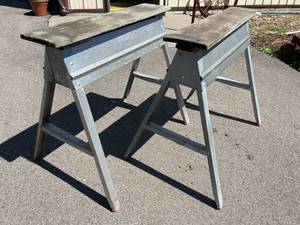 lot 285 image: Metal Folding Saw Horses with Wooden Planks Attached to the Top