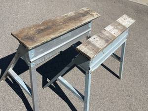 lot 286 image: Metal Folding Saw Horses with Wooden Planks Attached to the Top