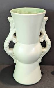 lot 11 image: Pair of Vintage Mid Century Scroll Handle White and Green Red Wing Vases 1353