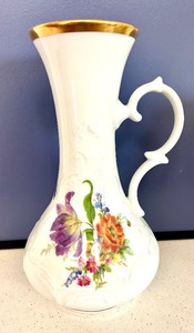 lot 82 image: Beautiful Vintage Porcelain Royal KPM Vase Bavaria Germany Orchid Floral Gold and OP Co. Pitcher