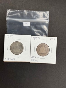 2 SEALED LIBERTY QUARTERS - 1853 ARROW & RAYS, 1854 ARROWS