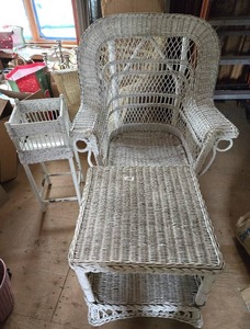 lot 139 image: White Wicker Chair, Footstool and Plant Stand