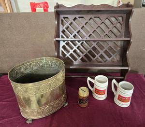 lot 192 image: Fun Vintage Bookshelf, Solid Brass Trashcan & Wisconsin Beer Mugs