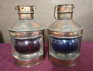 lot 13 image: Copper Port & Starboard Ship Lantern Porobolic Reflectors with Red & Green Lenses