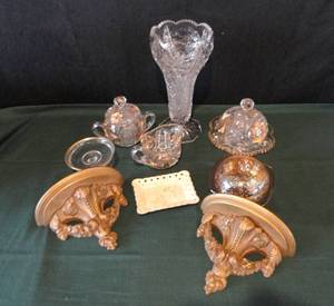 lot 48 image: Early American Pressed Glassware with Gold Edges & Hanging Shelves