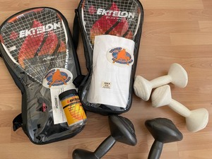 lot 253 image: 2 Raquetball Raquets, Googles, & Weights