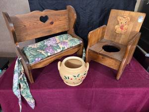 lot 245 image: Childs Bench, Potty Chair, and Vase