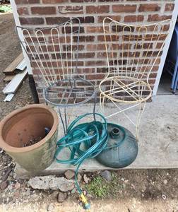 lot 270 image: Outdoor Lawn Chairs, Hose, Pot & Umbrella Stand
