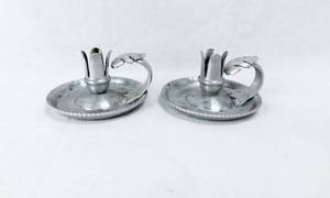 lot 74 image: Pair of Vintage Trade Continental Mark Hand Wrought Silverlook 712 Candlestick Holders
