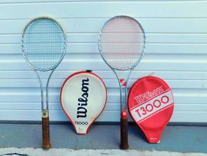 lot 36 image: Vintage Wilson Steel Grip T2000 and T3000 Tennis Rackets with Covers