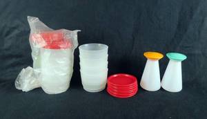 lot 27 image: New Tupperware 8 Small Snack Containers with Lids and Set of Salt and Pepper Shakers