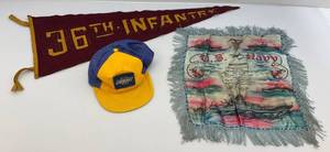lot 47 image: Vintage 1940s U.S. Navy Pillow Cover & 13 x 34 36th Infantry Felt Pennant