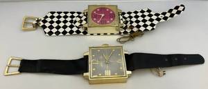 lot 49 image: Misc. Vintage Large Hanging Wall Clock Wrist Watches 1 Checkered Band Works Other one Dont