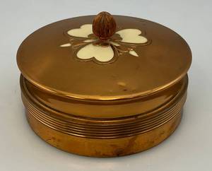 lot 62 image: Vintage Chase Bedroom Shabby Art Deco Copper Plated  & Glass Powder Jar