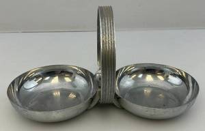 lot 71 image: 1935 Art Deco Case RUSSEL WRIGHT DESIGNED Chrome Nuts Candy Double Round Handled Dish