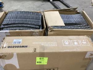 lot 12 image: Costway 7PCS Patio Rattan Dining Set Acacia Wood Table Cushioned Chair Mix Gray  Customer Returns See Pictures