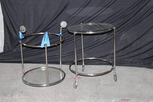 Set of 2 Modern Round Glass-topped End Tables on wheels