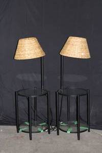 Set of 2 Circular Glass-topped End Table Lamp Combo with Rattan Shades