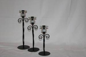Set of 3 Metal and Glass Candlesticks