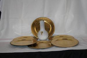 Lot of 6 Gold Chargers and Vase