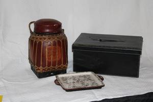 Lot of Leather Box, faux leather jar and small serving tray