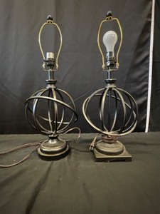 Two spherical metal table lamps