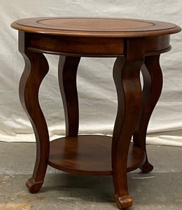 Round Wood Table with Leather Inlay
