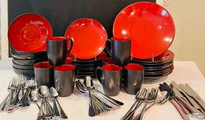 lot 178 image: Beautiful Red Dinnerware Set from HOME and Silverware