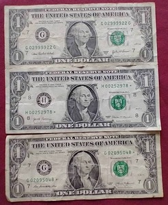lot 6 image: (3) Modern $1 Notes - Star Notes & Cool Serial Number
