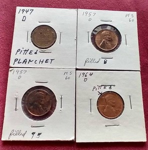 lot 29 image: (4) Die Error Pennies - 3 Wheats