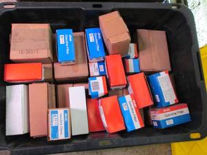 Heavy Duty Storage Tote full of assorted Atlas Gasoline fuel filters