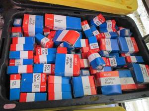 Heavy Duty Storage Tote with assorted Atlas Ignition parts, miniature lamps and PCV valves