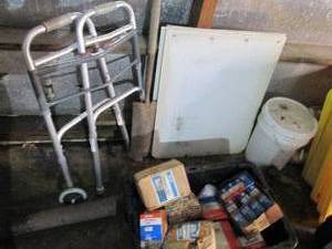 Awesome assortment including a pre-loved drive shaft, Atlas radiator caps, Oil Filters, Ignition parts, flushing tees, 5-gallon bucket of drywall PVA primerSealer and more