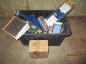 Tote of fan blades, commercial hose covers and more