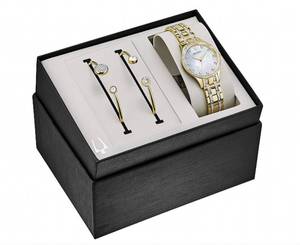 NEW Bulova Womens Goldtone Mother-of-Pearl Crystal Watch and Bangle Bracelet Set