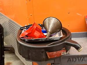 lot 144 image: Oil Pan, Filter Wrench, Funnels