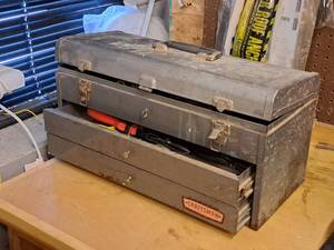 lot 222 image: Tool Box with Hand Tools - Hex Keys, Locking Pliers, Pry Bar, T-Handle Tap Wrench, Drill Bits, Shims, Arrow Rivet Gun, String and more
