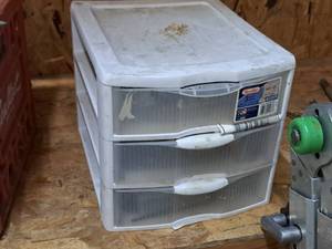 lot 224 image: Plastic Organizer Cabinet 3-drawer with Hardware - Screws, Permatex, Rivets,
