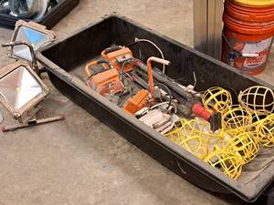 lot 239 image: (9) Plastic Bulb Cages, (3) Light Stands, (6) Shop Lights