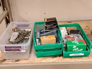 lot 389 image: (2) Bins of Screws and (1) Bin of Misc. Hardware - Lath Screws, Construction Screws, SD Connector, Hex Head Lag Screws, Fender Washers