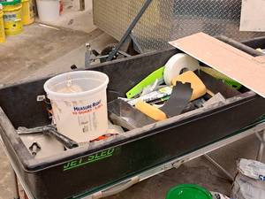 lot 422 image: Lot of  Assorted Masonry Tools - Floats, Brushes, Sponges, Pans, Knives, Tub 53x24x10