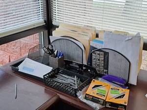 lot 569 image: Lot of  Misc. Office Supplies - Paper Organizers, Supply Organizers, Pens, Envelopes, Folders, Stapler, 3-hole Punch