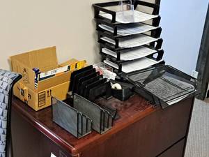 lot 646 image: Lot of  Misc. Office Supplies - File Organizers, Tape Dispenser, Stapler, Mini Stapler, Calculator, Security Envelopes, Great Idea Light