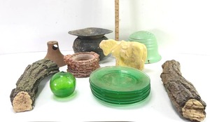 lot 37 image: GREEN SALAD PLATES, GREEN GLASS BALL, ARTIFICIAL FIREPLACE LOGS AND MORE