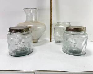 lot 40 image: GLASS COFFEE AND COOKIE JARS WITH METAL LIDS, GLASS RUFFLED SERVING DISH AND MORE